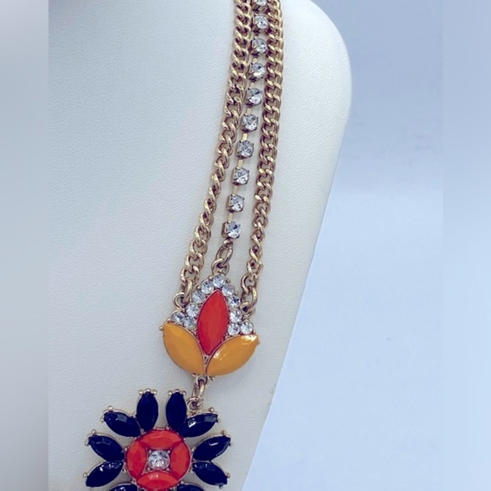 J Crew Gold Tone Multi Strand Necklace With Orange, Black And Yellow Rhinestones - Picture 4 of 10